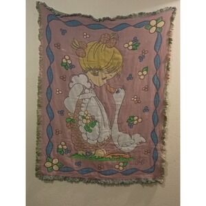 Vintage Precious Moments Woven Throw Blanket 1999 Northwest Co Girl Goose 40x56